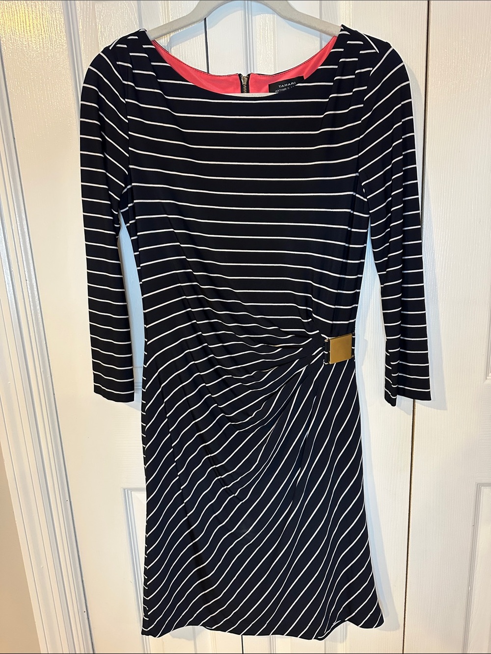 Navy & White Striped 3/4 length-Sleeve Dress with Gold Buckle | 4
